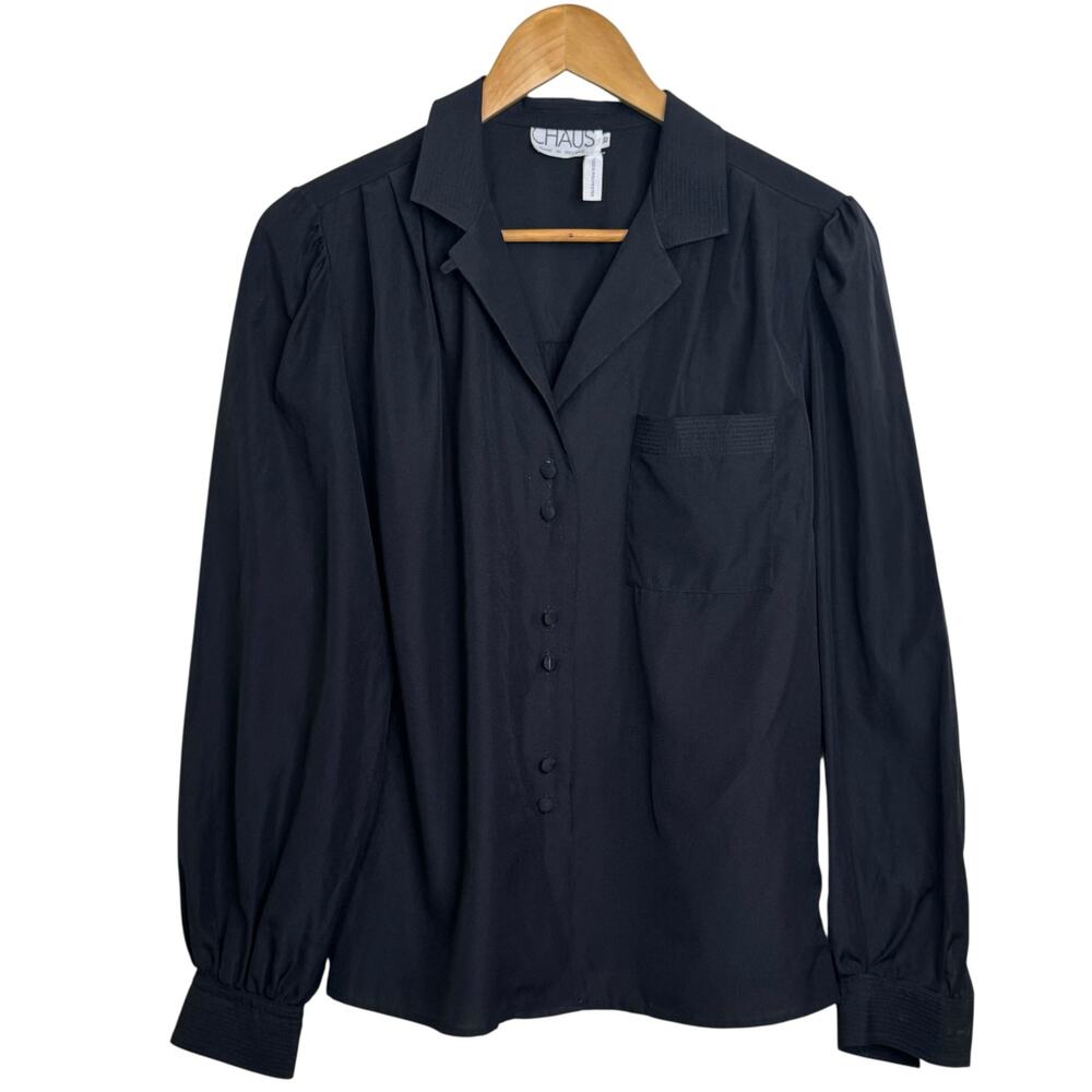 Vintage Chaus Made in Ireland Black Size 10 Pouf Sleeve Button Up Blouse